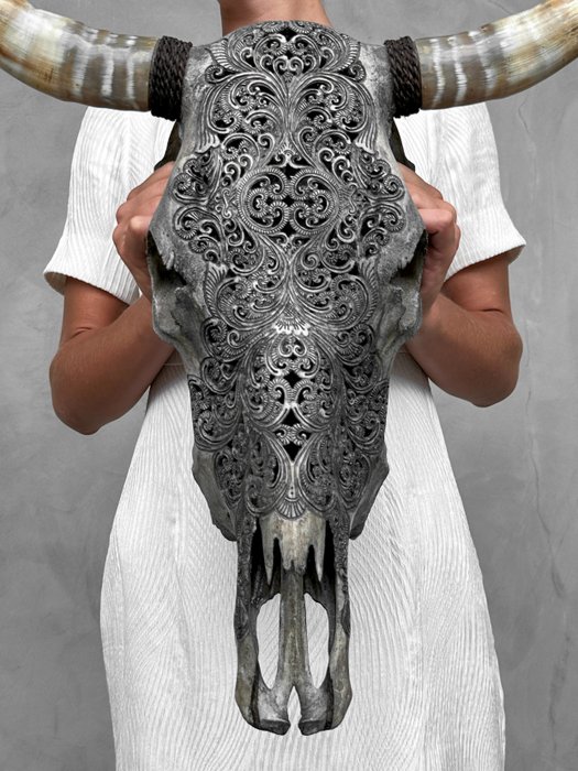 無底價 - 頭骨藝術 - 正宗手工雕刻灰色公牛頭骨 - 傳統巴厘島 雕刻頭骨 - Bos Taurus - 49 cm - 55 cm - 20 cm- 非《瀕臨絕種野生動植物國際貿易公約》物種 -  (1)