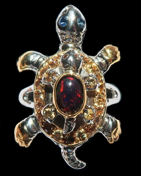 Opal - Silver, Skyddsring - Sköldpadda - Uthållighet, hälsa och visdom - Safir - Ring