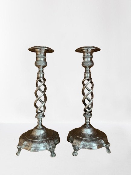 Armleuchter Paar silberne Kerzenleuchter aus dem 18. Jahrhundert mit einem Gewicht von 995 g. Marke Porto Coroa (2) - .833 Silber