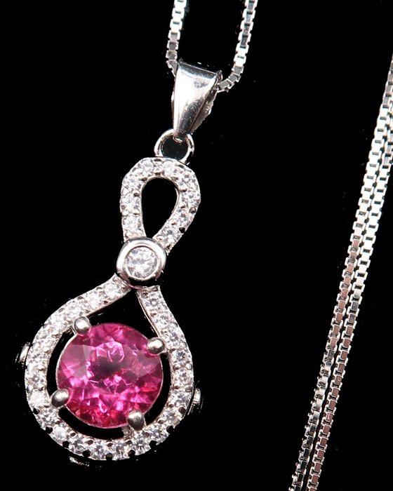 Topázio - Prata, Colar Faith - Medalhão de topázio rosa e sua corrente de prata maciça - Amor e sorte - Colar