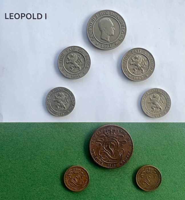 Belgia. Leopold I (1831-1865). Lot van 8 Belgische munten periode Leopold I  (Bez ceny minimalnej
)