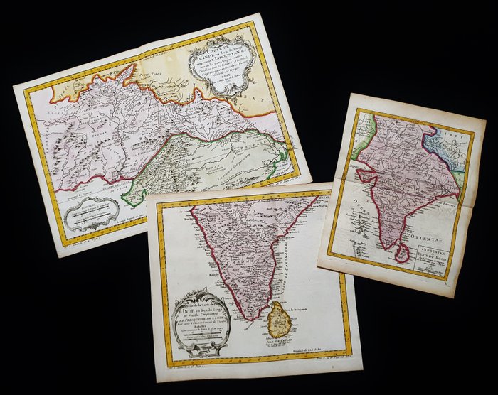 Asien, Landkarte - [3er-Lot] Indien / Sri Lanka / Ceylon / Asien / Colombo; J.N. Bellin -- R. Vaugondy - Carte de l'Inde en deca du Gange / Indoustan ou Etats du Mogol - 1761-1780