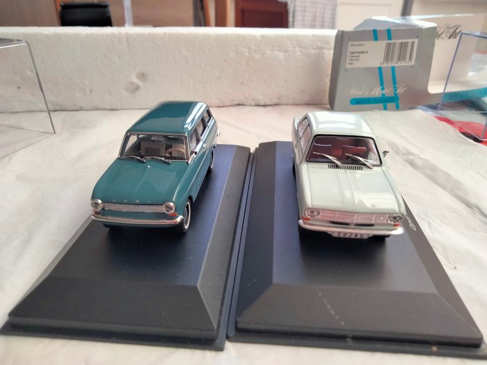 Minichamps 1:43 - 2 - Model samochodu - Opel. Kadett A caravan bleu   Opel Kadett B  bleu ciel - Opel Kadett Przyczepa kempingowa z lat 1962/65. . Opel Kadett B z 1965r