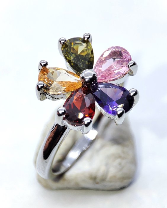 免费送货 美丽的紫水晶、黄水晶、石榴石、堇青石、玫瑰石英、925 银戒指 - 戒指
