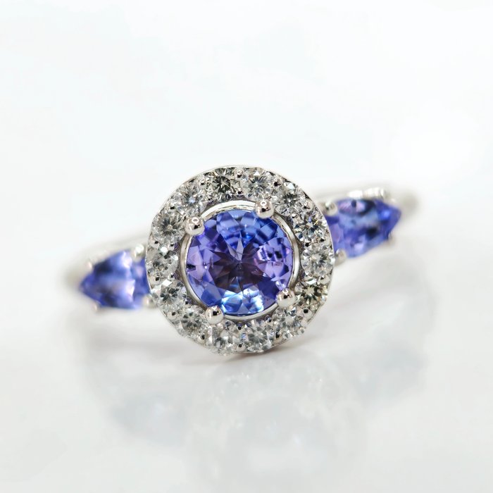 Zonder Minimumprijs - 1.00 ct Blue Tanzanite & 0.25 ct E-G Diamond Ring - 2.62 gr. - Ring - 14 karaat Witgoud -  1.00 tw. Tanzaniet - Diamant 
