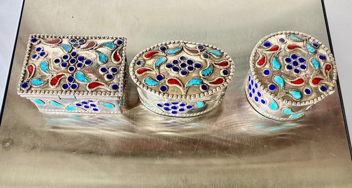 三个饰品盒 - 搪瓷, 银 - 土耳其 - 1950-1960