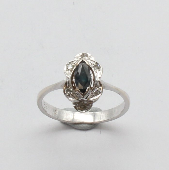 Zonder Minimumprijs - Ring - 14 karaat Witgoud Saffier - Diamant 
