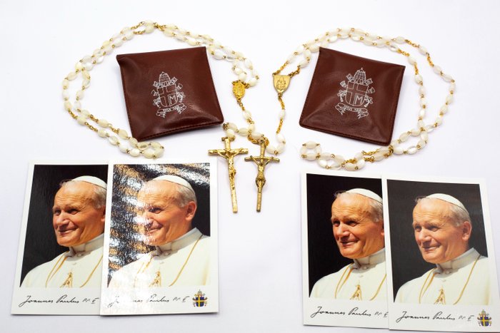Chapelet (6) - pâte de nacre en métal doré - Chapelets bénis par G. Paolo II - quatre cartes saintes - 2004-2012