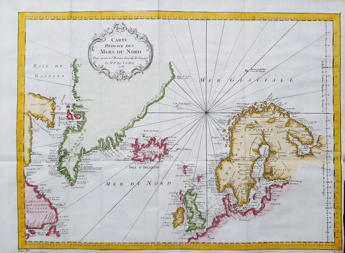 America, Mapa - América del Norte / Mar del Norte / Europa / Noruega / Escandinavia / Groenlandia / Islandia /; La Haye / P. de Hondt / J.N. Bellin - Carte Reduite des Mers du Nord - 1721-1750
