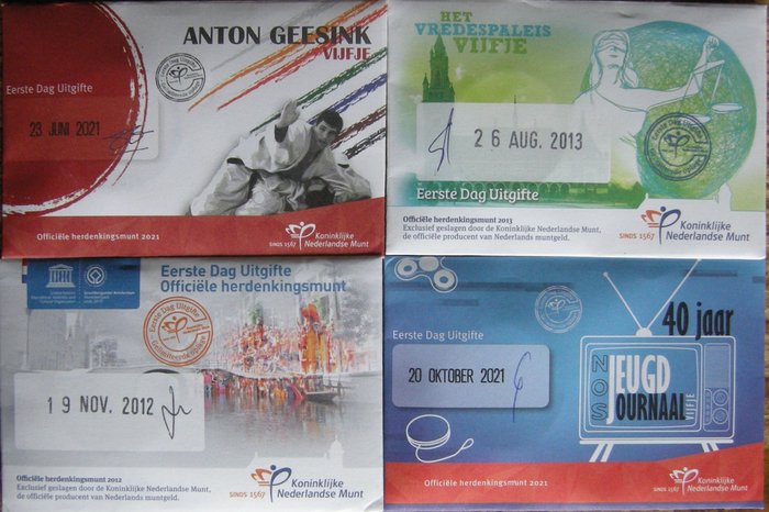 Pays-Bas. 5 Euro 2012/2021  1e dag uitgiftes Coincards (4 verschillende)  (Sans Prix de Réserve)