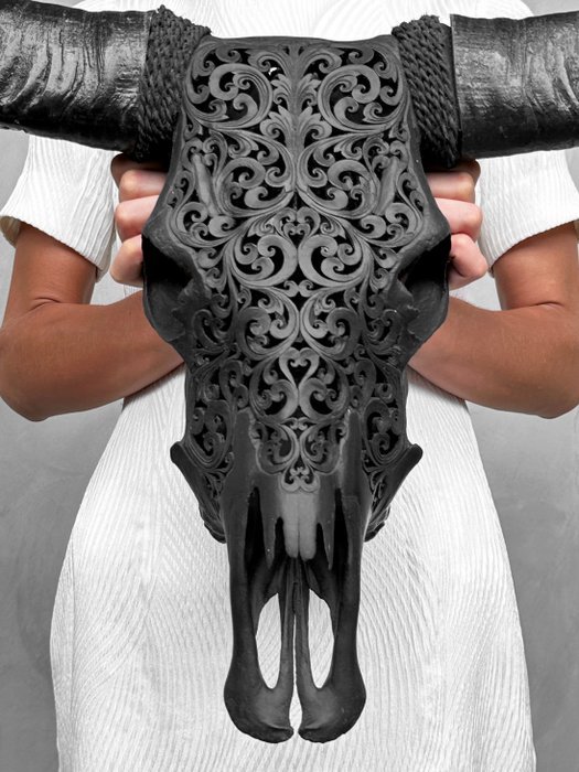 無底價 - C - 正宗手工雕刻黑色水牛頭骨 - 傳統巴厘島雕刻 - 雕刻頭骨 - Bubalus Bubalis - 56 cm - 71 cm - 15 cm- 非《瀕臨絕種野生動植物國際貿易公約》物種