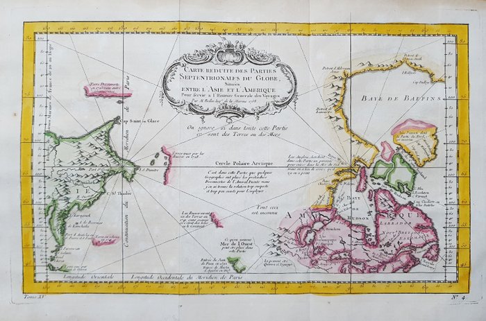 美國, 地圖 - 北美/加拿大/北亞/西伯利亞/俄羅斯/北美; La Haye / P. de Hondt / J.N. Bellin - Carte Reduite des Paries Septentrionales du Globe, situees entre l'Asie et l'Amerique - 1721-1750