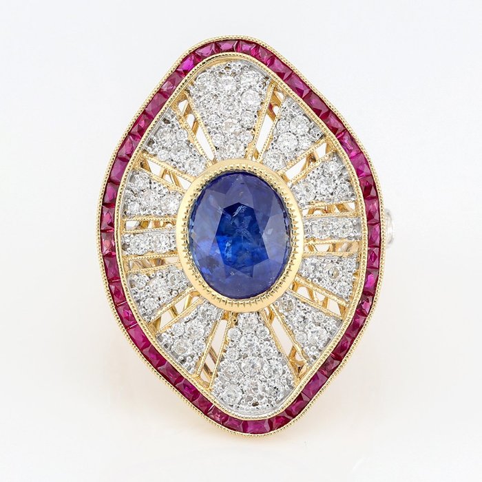 (GIA Certified) - (Sapphire) 4.73 Ct - (Ruby) 1.03 Cts (42) Pcs - (Diamond)  1.11 Cts (70) Pcs - 18 kt. Yellow gold - Ring