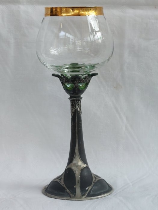 Felsenstein & Mainzer Nürnberg Wijnglas (h. 20,2 cm) - Glasservice - Seltenes Jugendstil-Weinglas mit Metallfuß - Glas