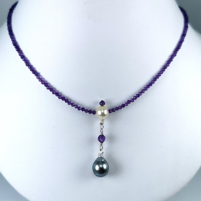 No Reserve Price - Tahiti & Southsea pearl drop shape  - precious stones - Necklace Silver Pearl - Amethyst 