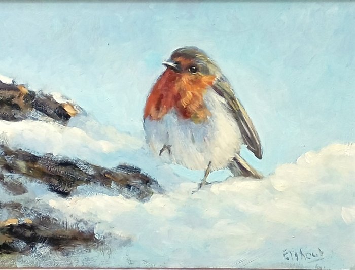 A.Elshout (XX) - Roodborstje in de sneeuw