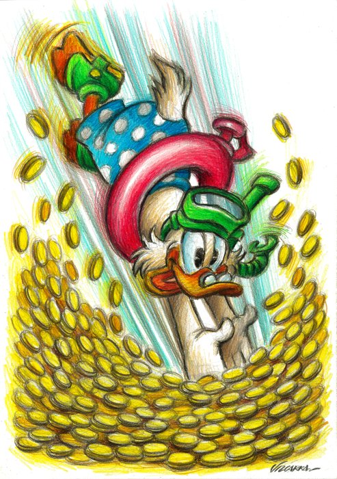 Joan Vizcarra - Uncle $crooge Diving into Money Pool - Original Drawing - Pencil Art