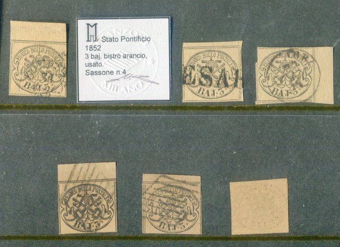 意大利古城邦-教皇国 1852 - 小套 3 张 baj 纸，手工和机器制作。 - Sassone  4, 4a, 4a, 4Aa, 4Ab, 4Aa con stampa passante al verso