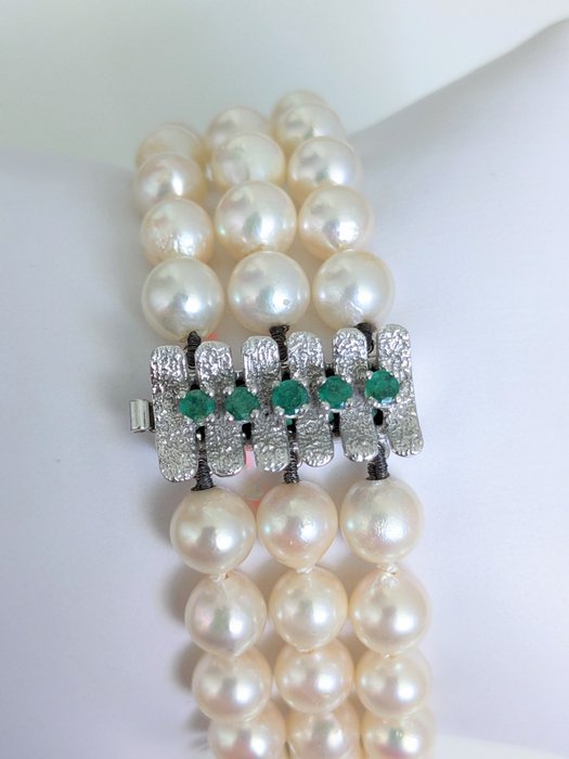 Bracelet - 14 carats Or blanc Perle - Émeraude