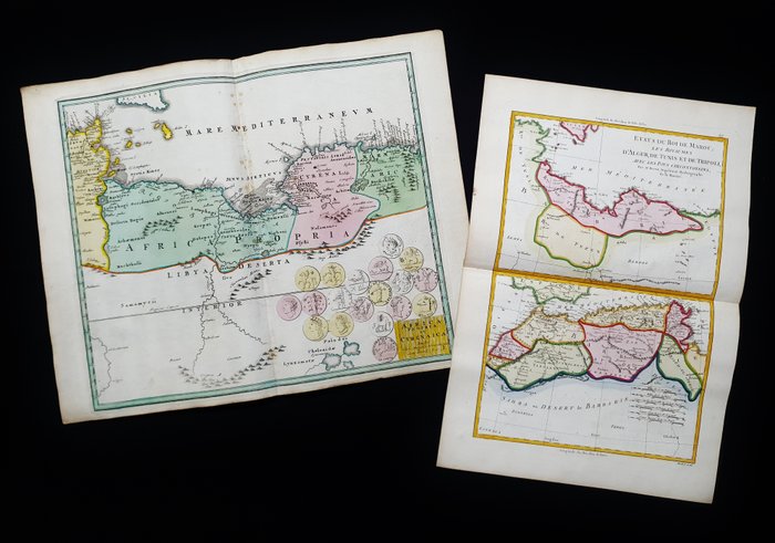 非洲, 地图 - （批量 2 个）北非/摩洛哥/阿尔及利亚/利比亚//突尼斯/塞内加尔/的黎波里; Christopher Weigel & David Kohler / Bonne & Desmarest - Africa Propria et Cyrenaica / Etats du Roi de Maroc, d'Alger, de Tunis, et de Tripoli - 1701-1720