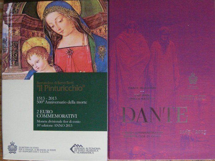 圣玛利诺. 2 Euro 2013/2015 "Pinturicchio" + "Dante" (2 verschillende)  (没有保留价)