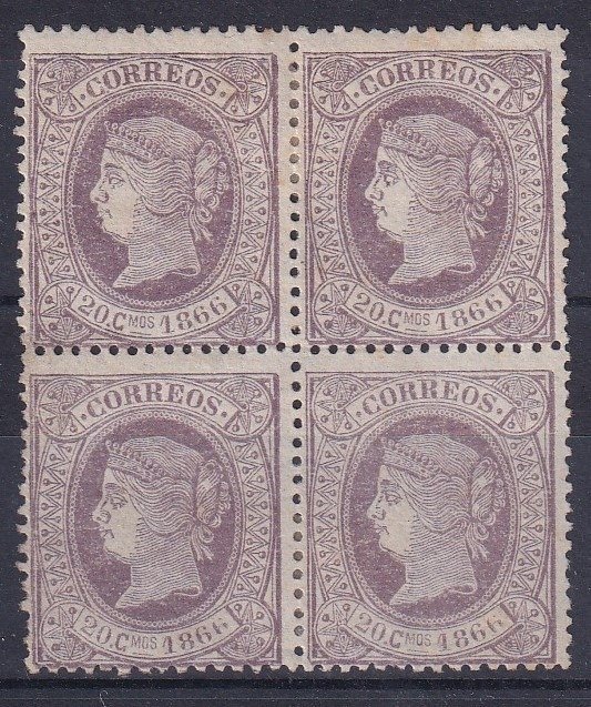 Espanha 1866/1866 - Bloco de 4 Edifil 86 ano 1866 em novo com selo fixo valor de catálogo 6.100€ com certificado - edifil 86