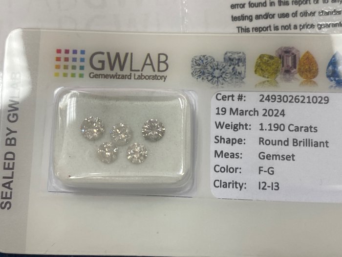 5 pcs Diamants - 1.19 ct - Rond - F, G - I2, I3 (piqué), No reserve price