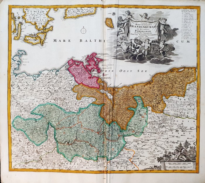 欧洲, 地图 - 波罗的海/德国/波兰/什切青/勃兰登堡/华沙/北欧; Johann Baptist Homann - Tabula Marchionatus Brandenburgici et Ducatus Pomeraniae - 1701-1720