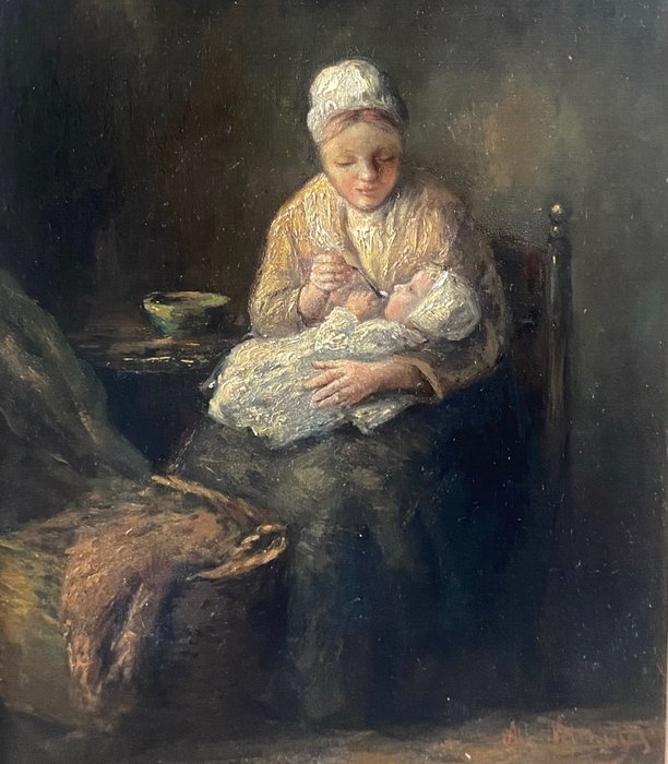 Albert Neuhuys (1844-1914) Attr - Moeder met baby