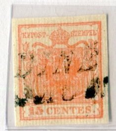 意大利古國－倫巴第-威尼托王國 1851 - 15 分第一類羅紋紙 - Sassone 14a
