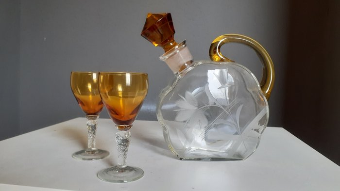 醒酒器 (3) - 装饰艺术风格利口酒瓶琥珀色和切割水晶 - 水晶