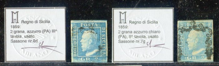 Italienische antike Staaten - Sizilien 1859 - 2 Grain 2. und 3. Tafel, beides Palermo-Papier. - Sassone 7g, 8d.