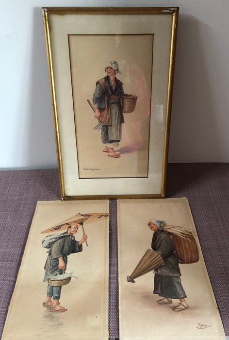 Antieke  3 stuks originele aquarellen kunstnaars  R.YUKO (1868-1933) T 'NAKAYAMA 19 EEUWS(1893-1978) - 日本 - 明治～大正時期  (沒有保留價)