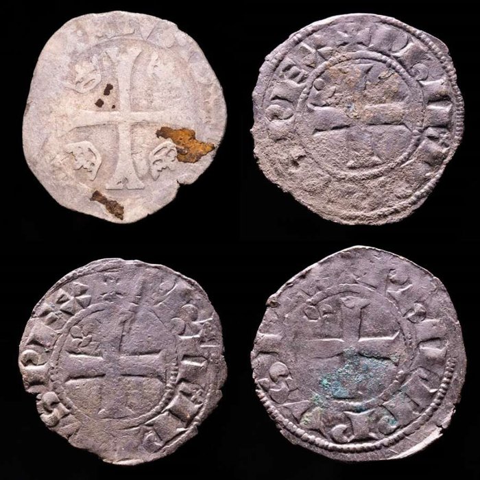 Francia. Lot of 4 medieval French silver coins, consisting 3 x doubles tournois and Douzain 13th - 16th centuries  (Senza Prezzo di Riserva)