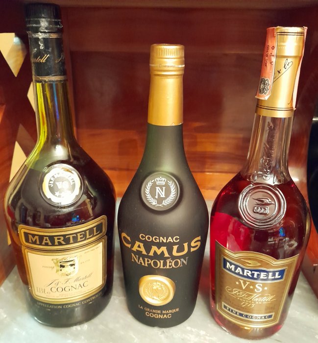 Camus, Martell - Napoléon & VS Cognac  - b. 1980-talet, 1990-talet - 70 cl, 1.13 Ltr. - 3 flaskor