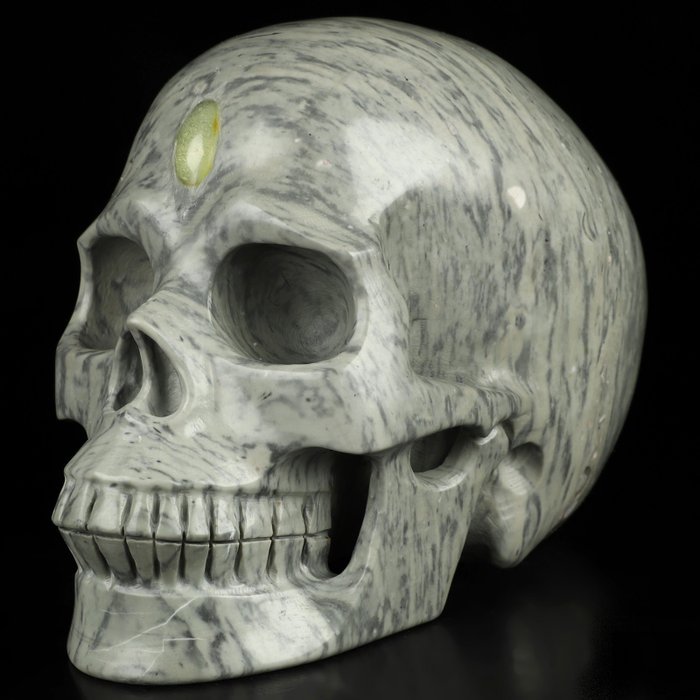 1,40 kg 12,30 cm pe 9,50 cm peisaj voodoo uriaș jasp jasp craniu magic al treilea ochi Sculptură- 1.4 kg