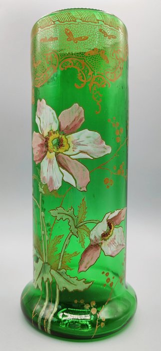 LEGRAS (1839-1916) - Jarra -  Vaso Art Nouveau com decoração esmaltada de lindas papoulas serigrafadas em ouro - Tombado em 1890  - Vidro soprado
