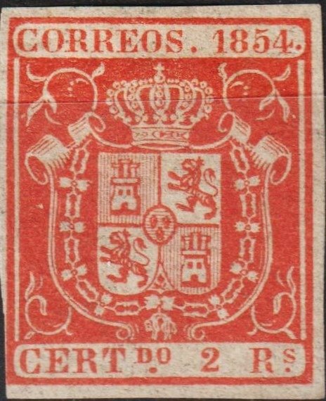 Espanha 1854 - selo - Edifil 25 - Escudo de España - 2r. rojo, Gran color