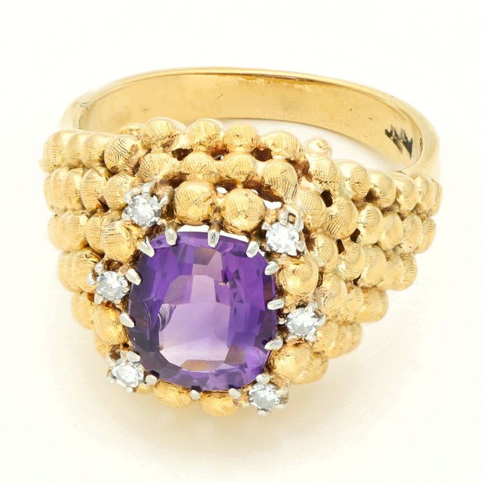 戒指 - 18 克拉 黃金 -  0.03 tw. 鉆石  (天然) - 紫水晶 