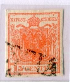 Antikke italienske stater - Lombardo Veneto 1851 - 15 øre 1. type ribbet papir - Sassone 14