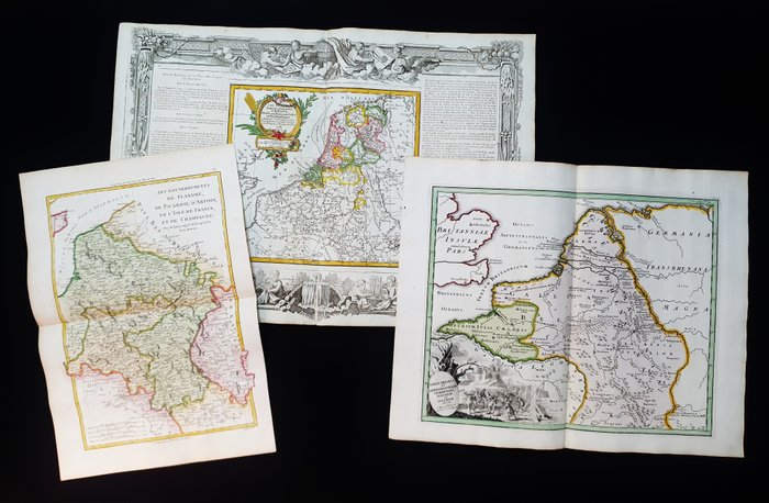 欧洲, 地图 - （批量 3 个）比利时/荷兰/荷兰/阿姆斯特丹/德国/法国; L. Desnos / C. Weigel / R. Bonne - Les Pays-Bas -- Gallia Belgica -- Les Gouvernements de Flandre, Picardie, d'Artois - 1781-1800