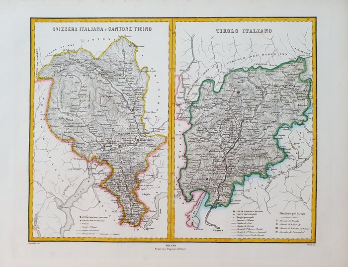 Europa, Landkarte - Norditalien / Trentino / Tirol / Trient / Bozen; Pagnoni / Allodi / Naymiller - Svizzera Italiana o Cantone Ticino - Tirolo Italiano - 1851-1860