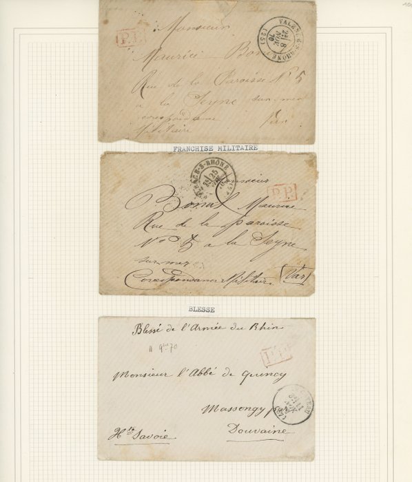 法国  - 1870 年战争信使套装、军事专营权、“PP”邮票、莱茵军团、...
