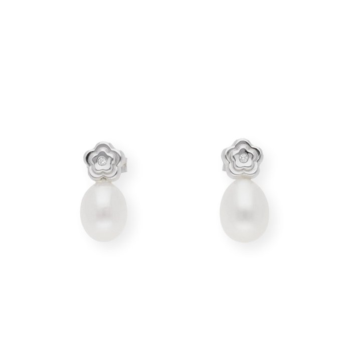 沒有保留價 - 耳環 - 18 克拉 白金 鉆石  (天然) - 珍珠