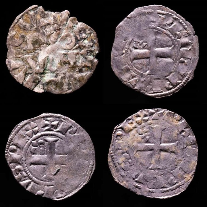 Frankrike. Lot of 4 medieval French silver coins, consisting 3 x doubles tournois and Douzain 13th - 16th centuries  (Utan reservationspris)