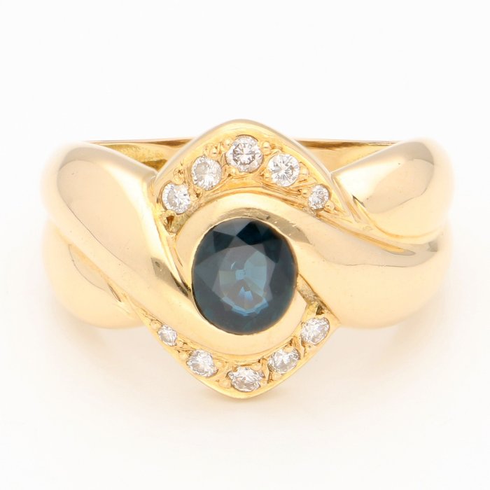 戒指 - 18 克拉 黃金 -  0.05 tw. 鉆石  (天然) - 藍寶石 
