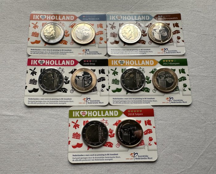 荷兰. 2 Euro 2014 t/m 2018 'Holland Coincard' (5x)  (没有保留价)