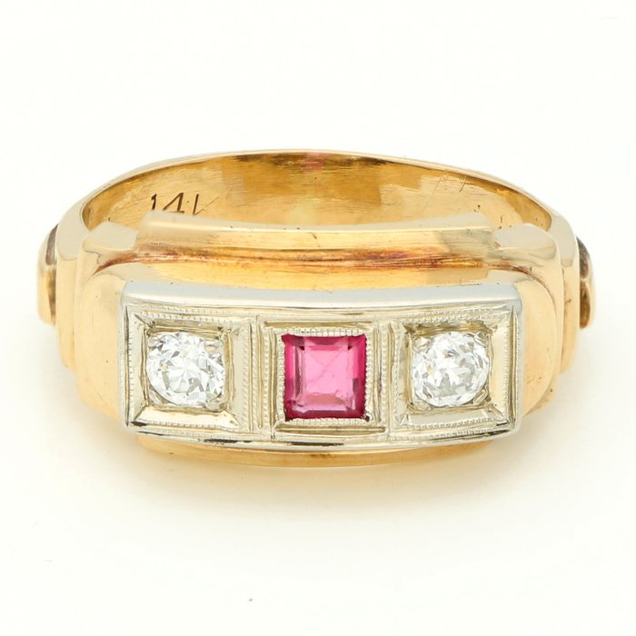 戒指 - 14K包金 黄金 -  0.09 tw. 钻石  (天然) - 红宝石 