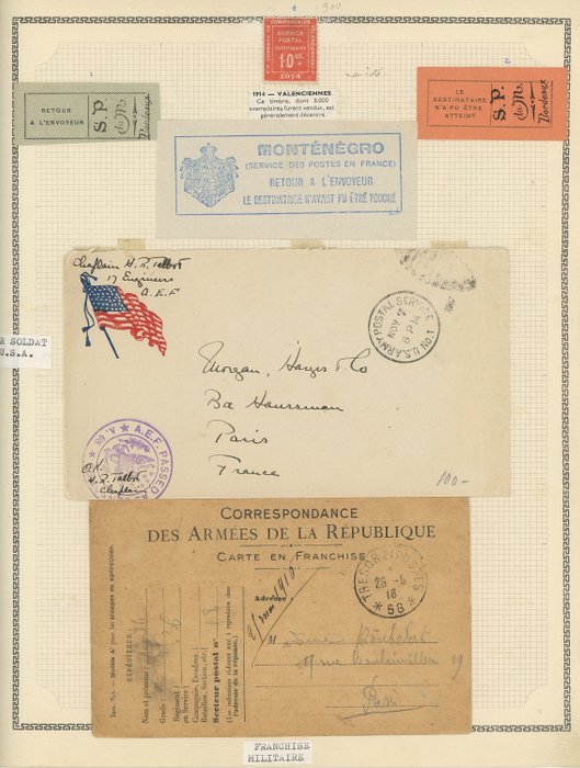 Frankreich  - Kriegskorrespondenzsatz 14-18, Nr. 1 Valenciennes, SP Montenegro, US-Postdienst,