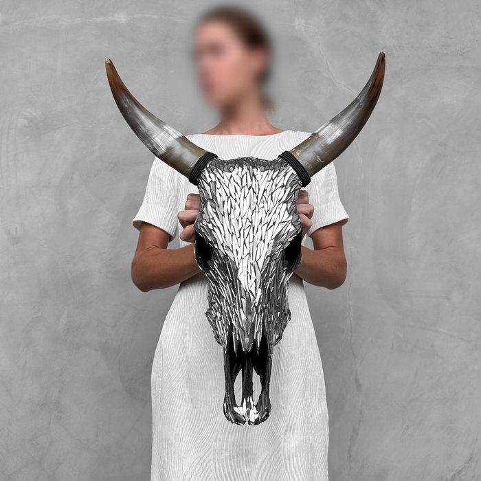 无底价 - 令人惊叹的牛头骨，玻璃马赛克镶嵌 颅骨 - Bos Taurus - 50 cm - 43 cm - 23 cm- 非《濒危物种公约》物种 -  (1)